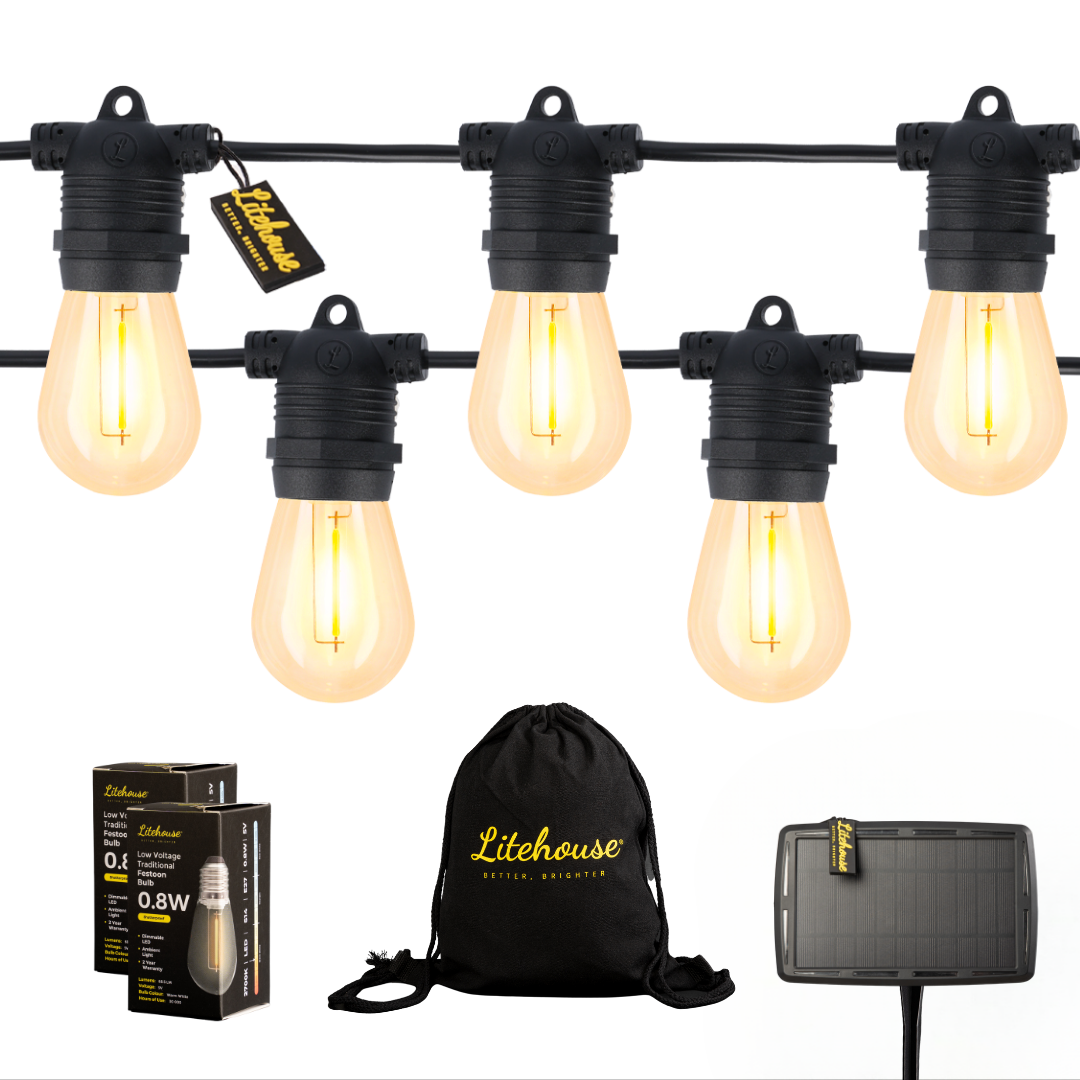 black solar-powered LED string lights with warm white vintage bulbs and a dual-charging solar panel.