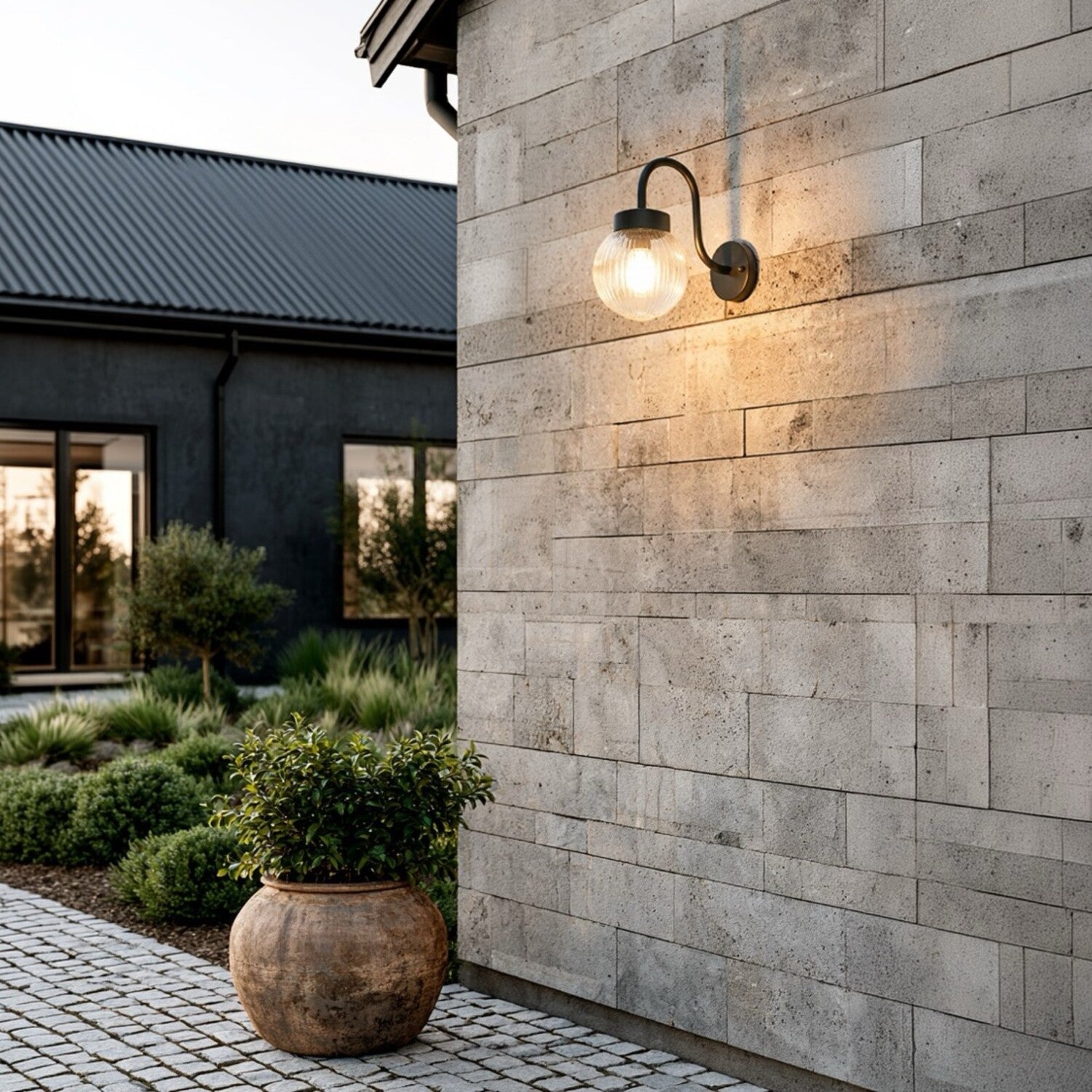 Rae Black Outdoor Wall Light with Ribbed Glass