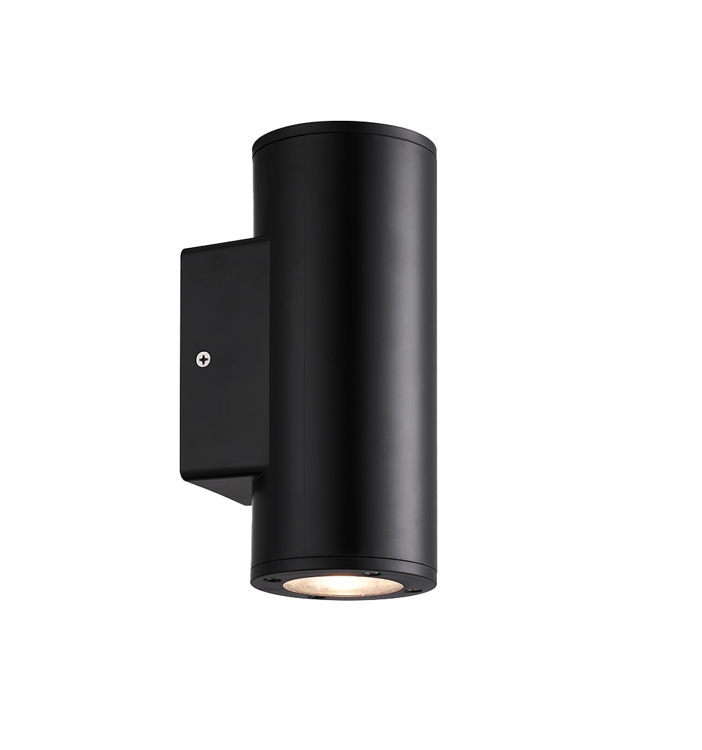 Sleek black cylindrical Argus outdoor wall light with dual-directional up and down lighting.