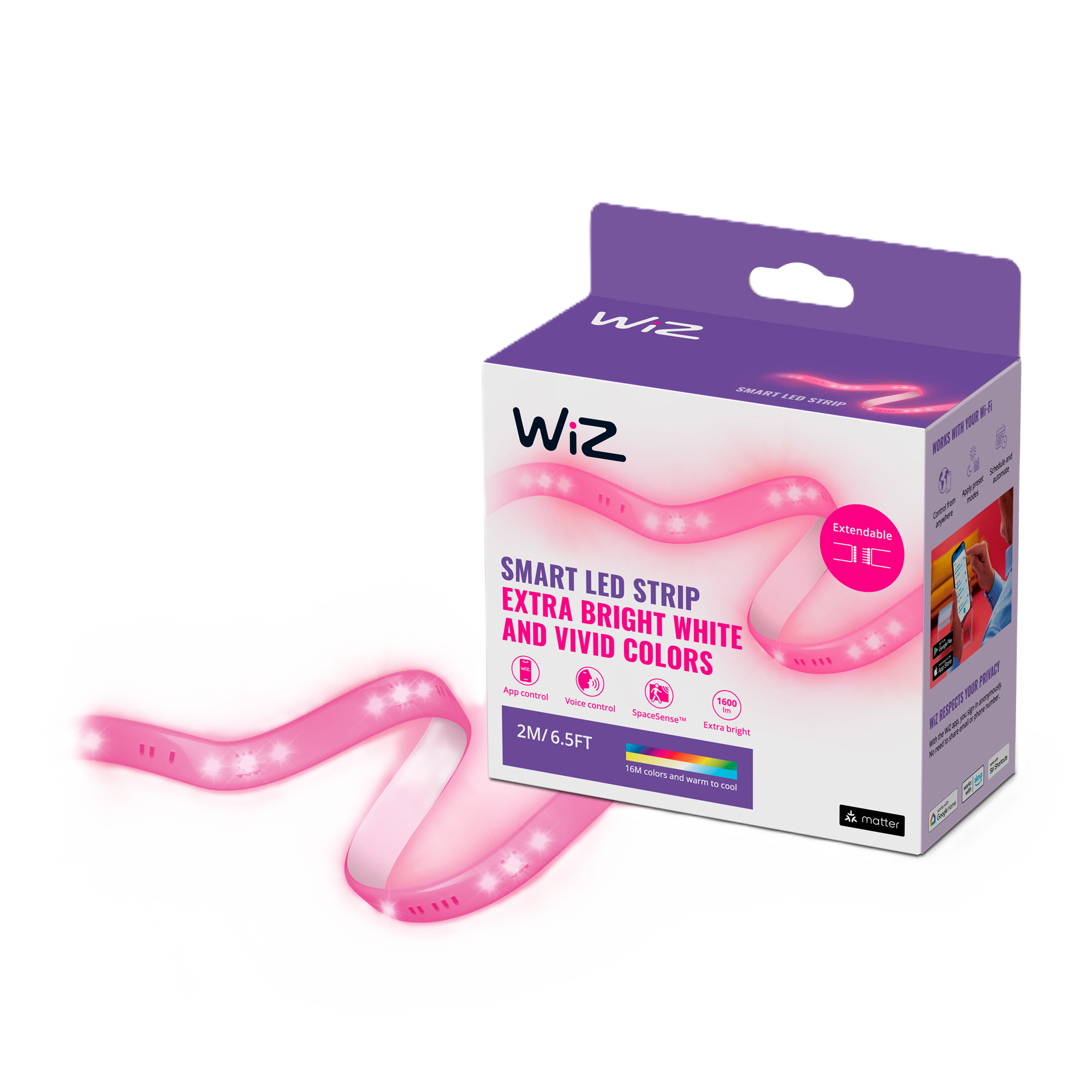 Flexible WiZ 2m Smart 20W RGB and Tunable White LED Tape Light Strip with Adhesive Backing