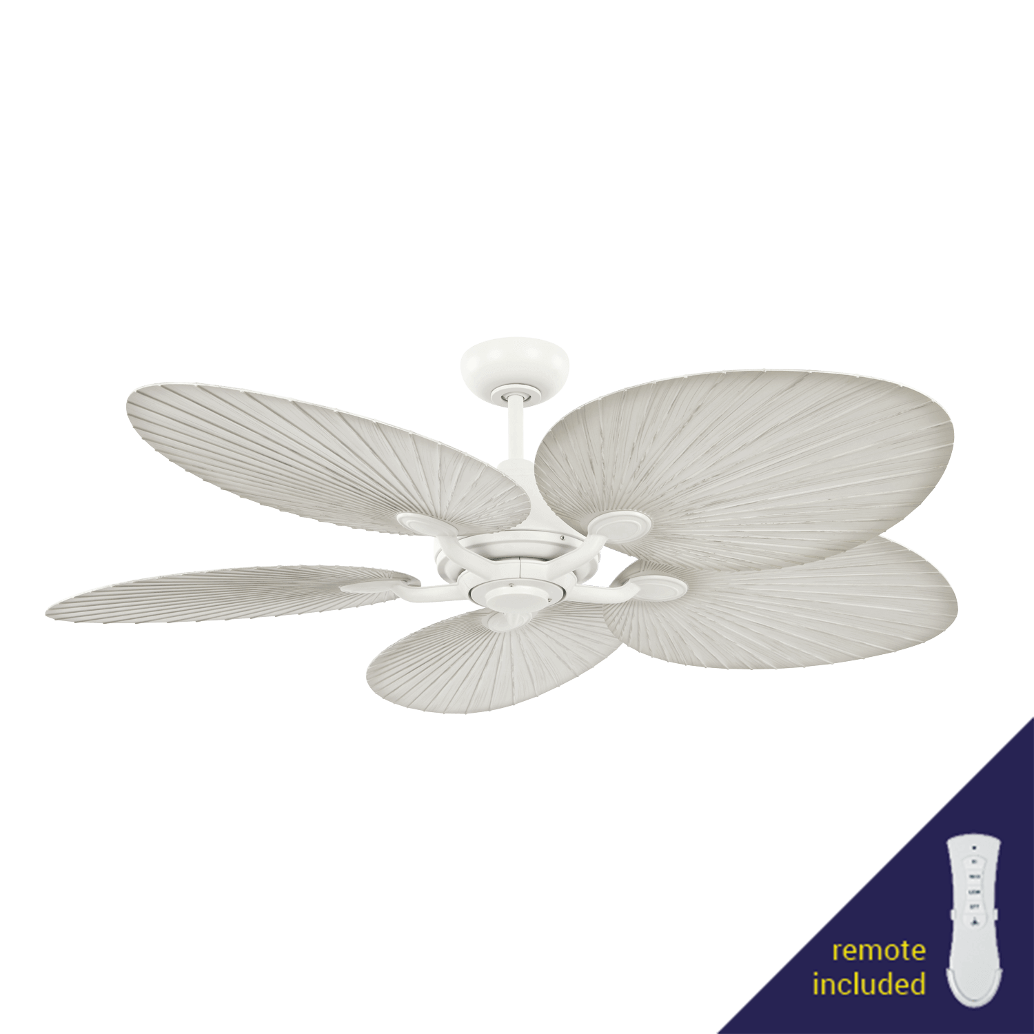 Alocasia 1320mm white ceiling fan with 5 leaf-shaped ABS blades and remote control.