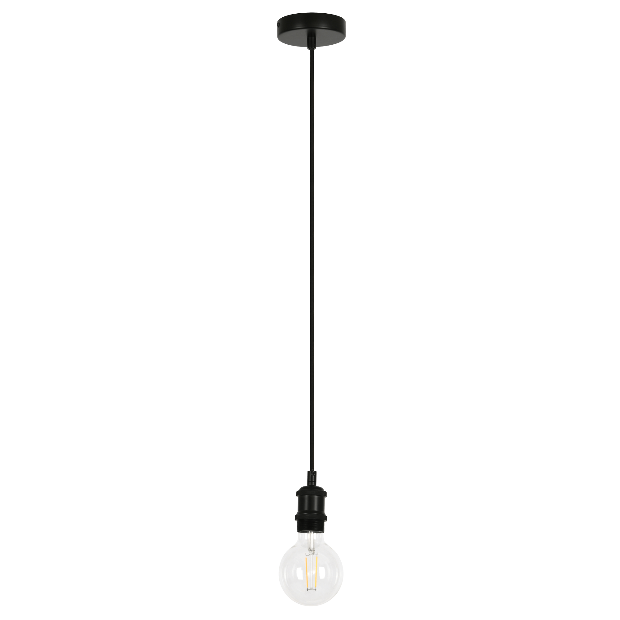 Matte black 2 metre adjustable pendant cord set with metal ceiling cup and E27 socket.
