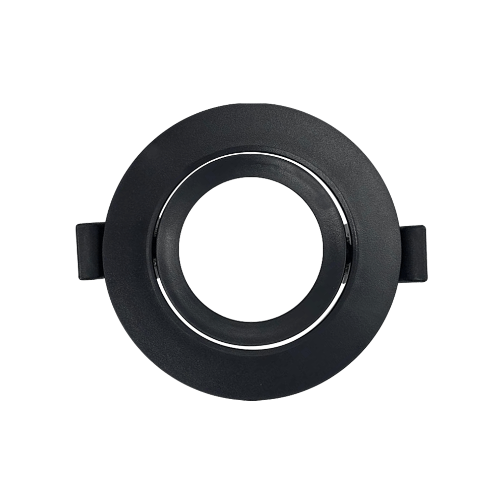 Recessed matte black tiltable downlight fitting with adjustable ring for directional ceiling lighting.