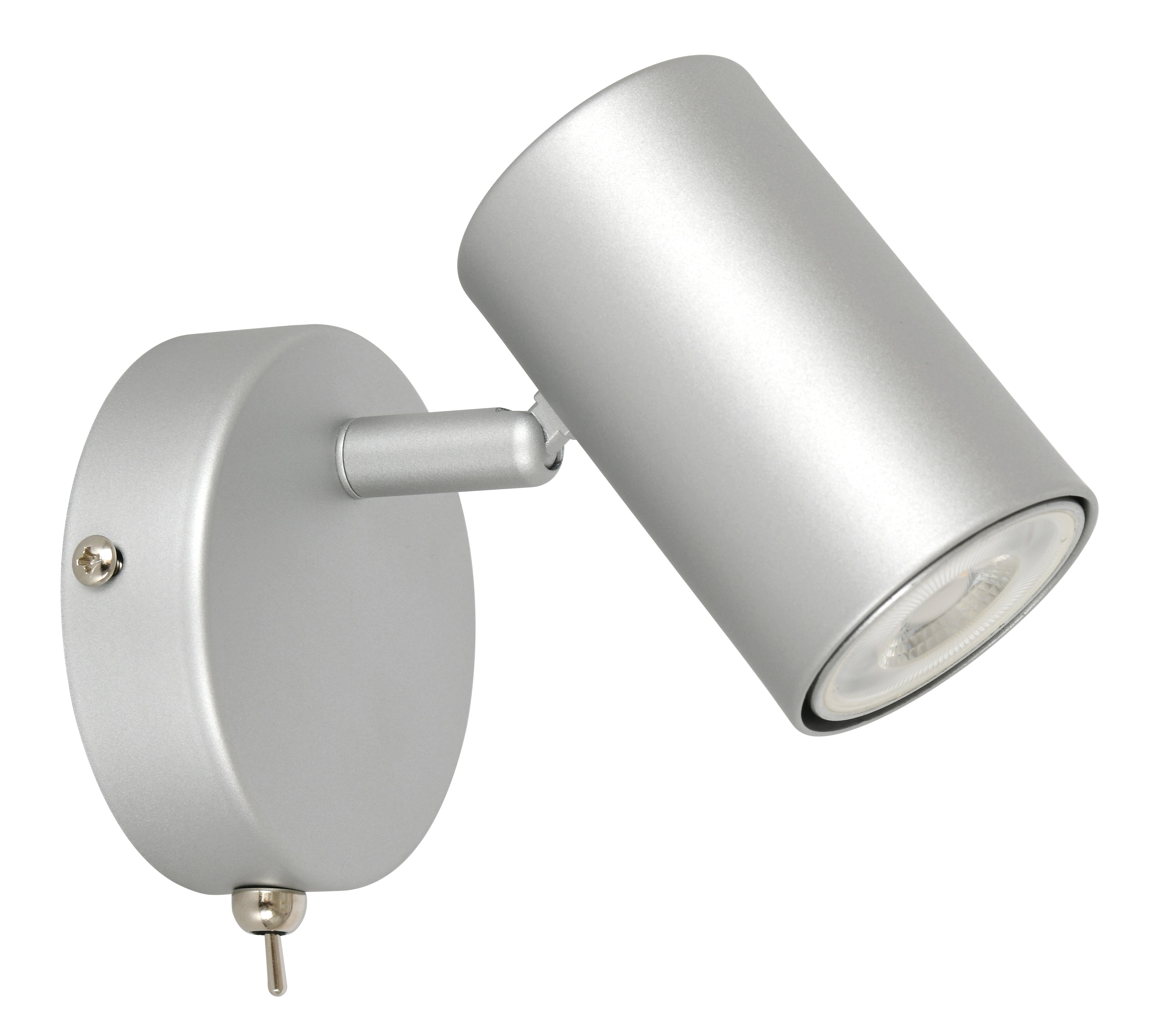 Harper matte silver wall-mounted 1-light adjustable spotlight with integrated on/off switch on the base.