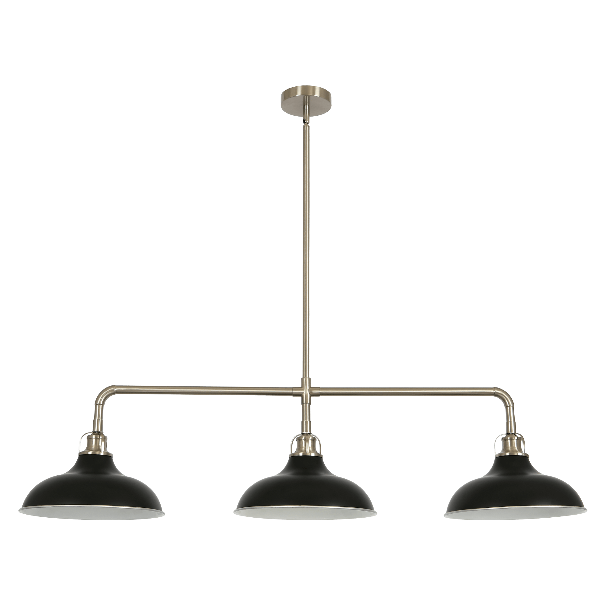Kingston modern 3-light linear pendant with matte black metal shades and satin nickel accents over a dining table