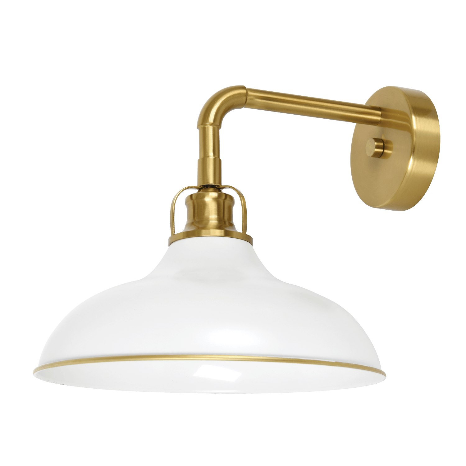 Kingston modern wall-mounted light with glossy white metal shade and brass gold curved arm.