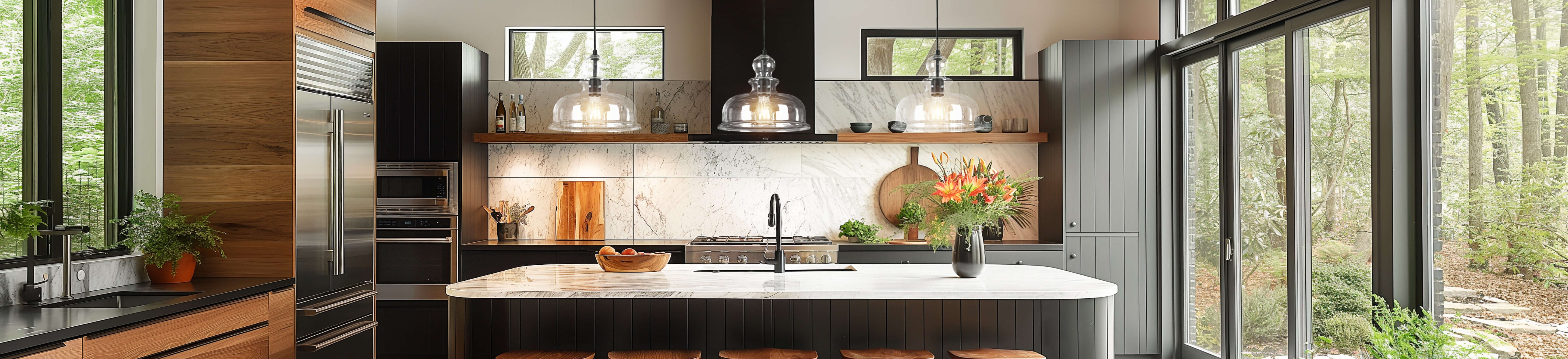 Chic kitchen with trio of pendant lights over marble island.