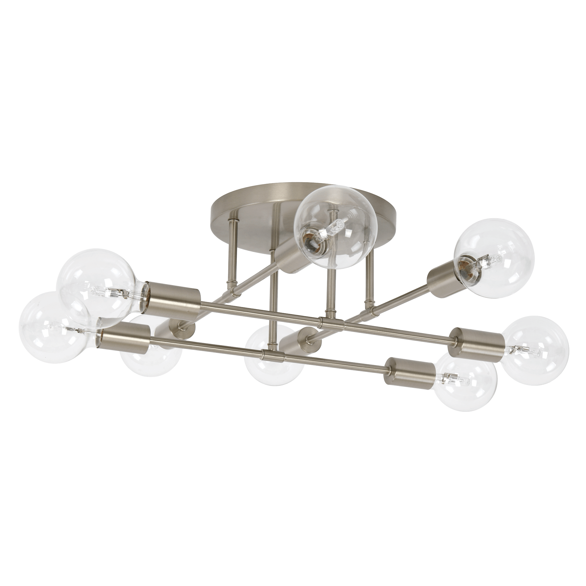 Olivia modern 8 light semi-flush ceiling light in satin nickel finish with radial metal arms.