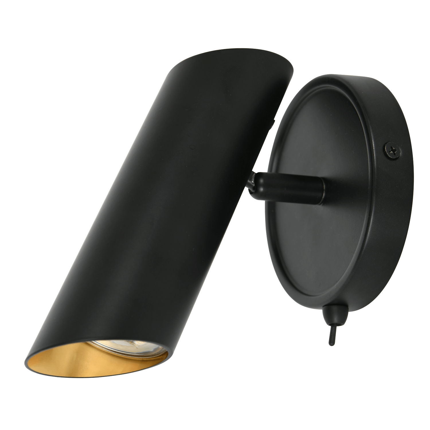 Rayden 1 light matte black wall-mounted spotlight with gold interior and base switch.