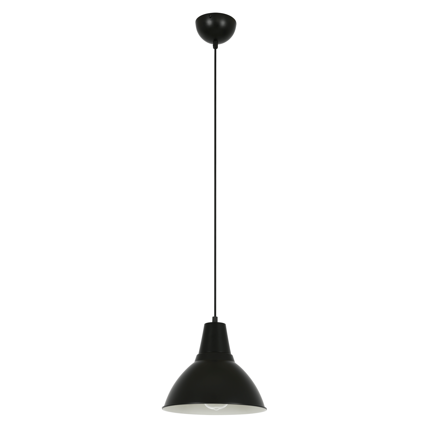 Rio Black Metal Pendant Light with matte black industrial shade and adjustable cord for kitchen island.