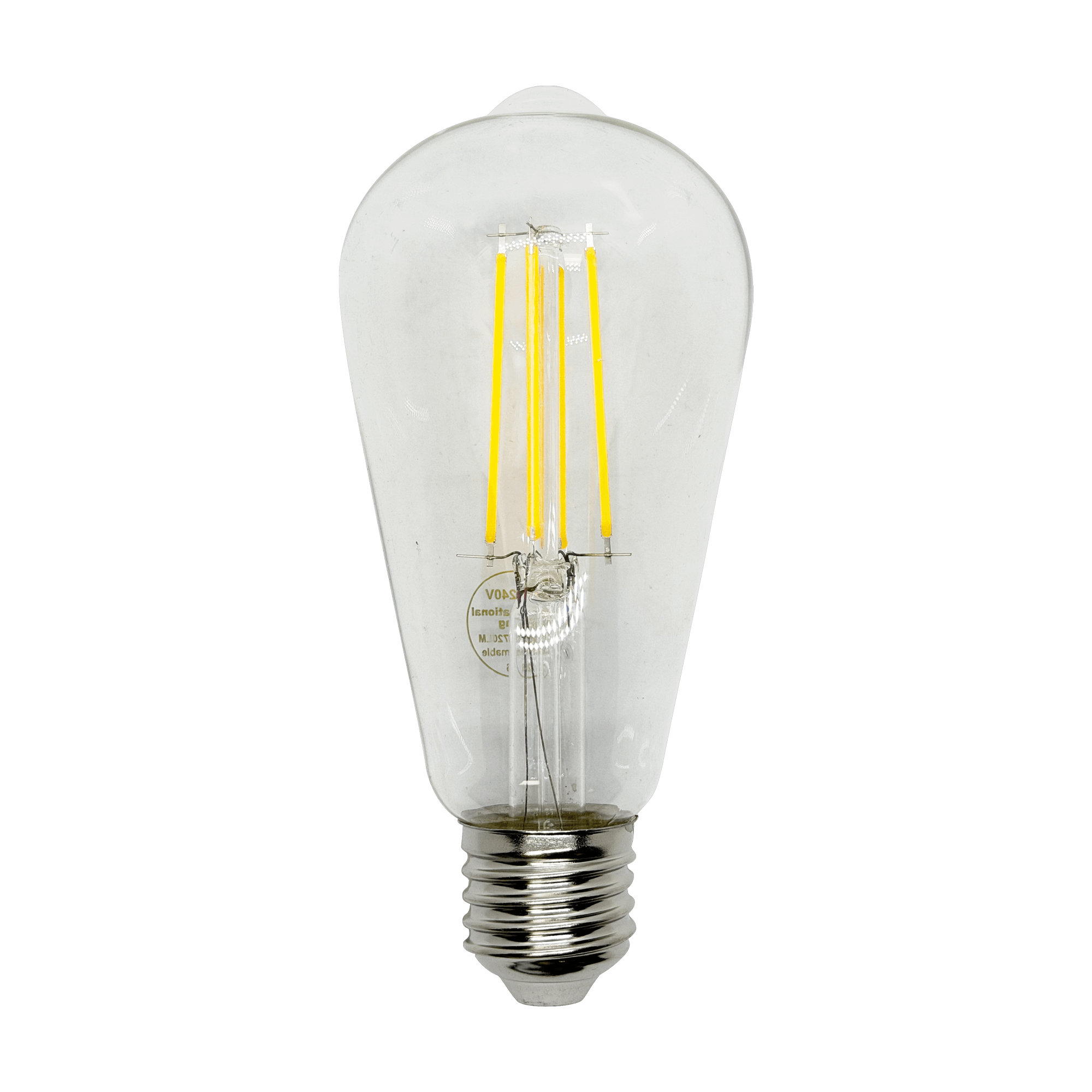 ST64 clear filament LED bulb 6W E27 Edison screw warm white 2700K vintage teardrop style.