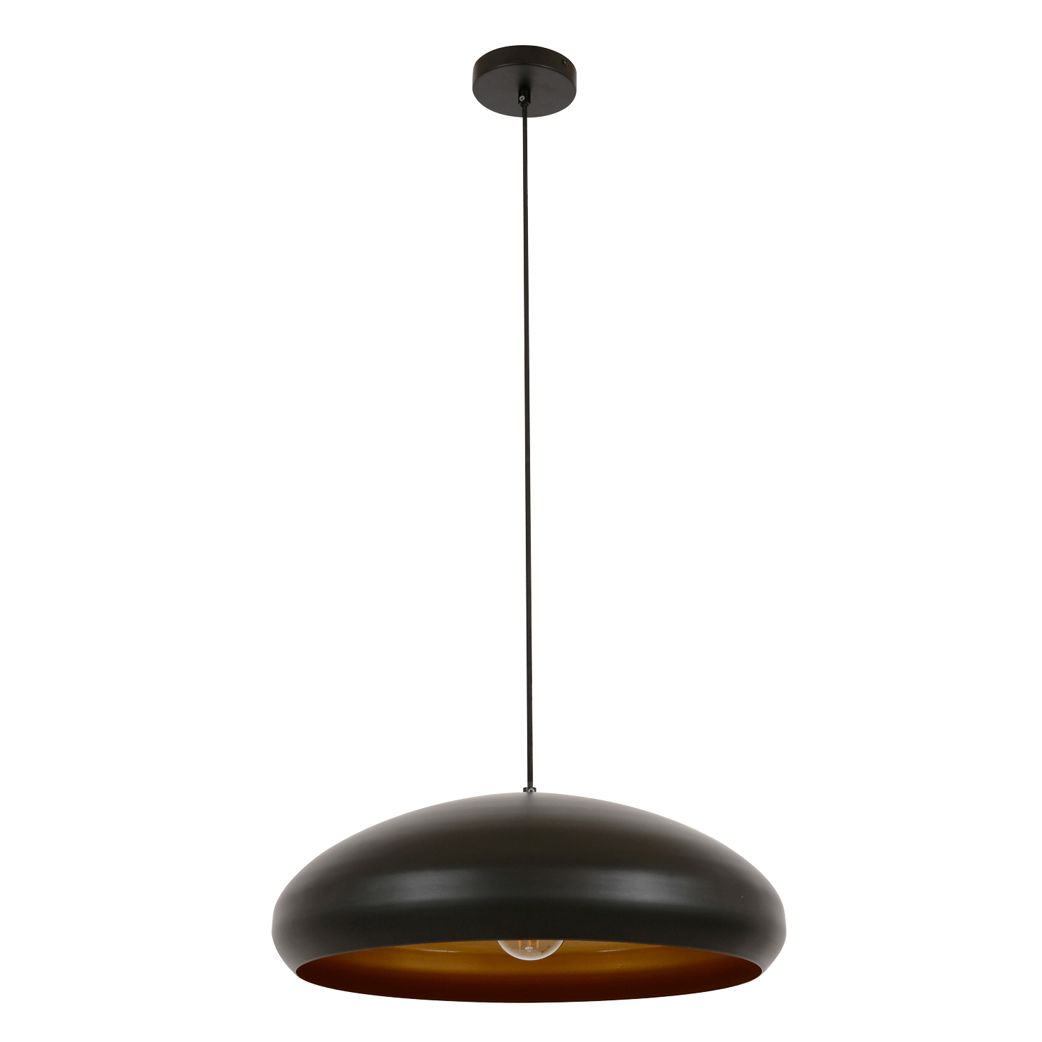 Apollo 500mm wide dome pendant light in matte black with reflective gold interior finish.