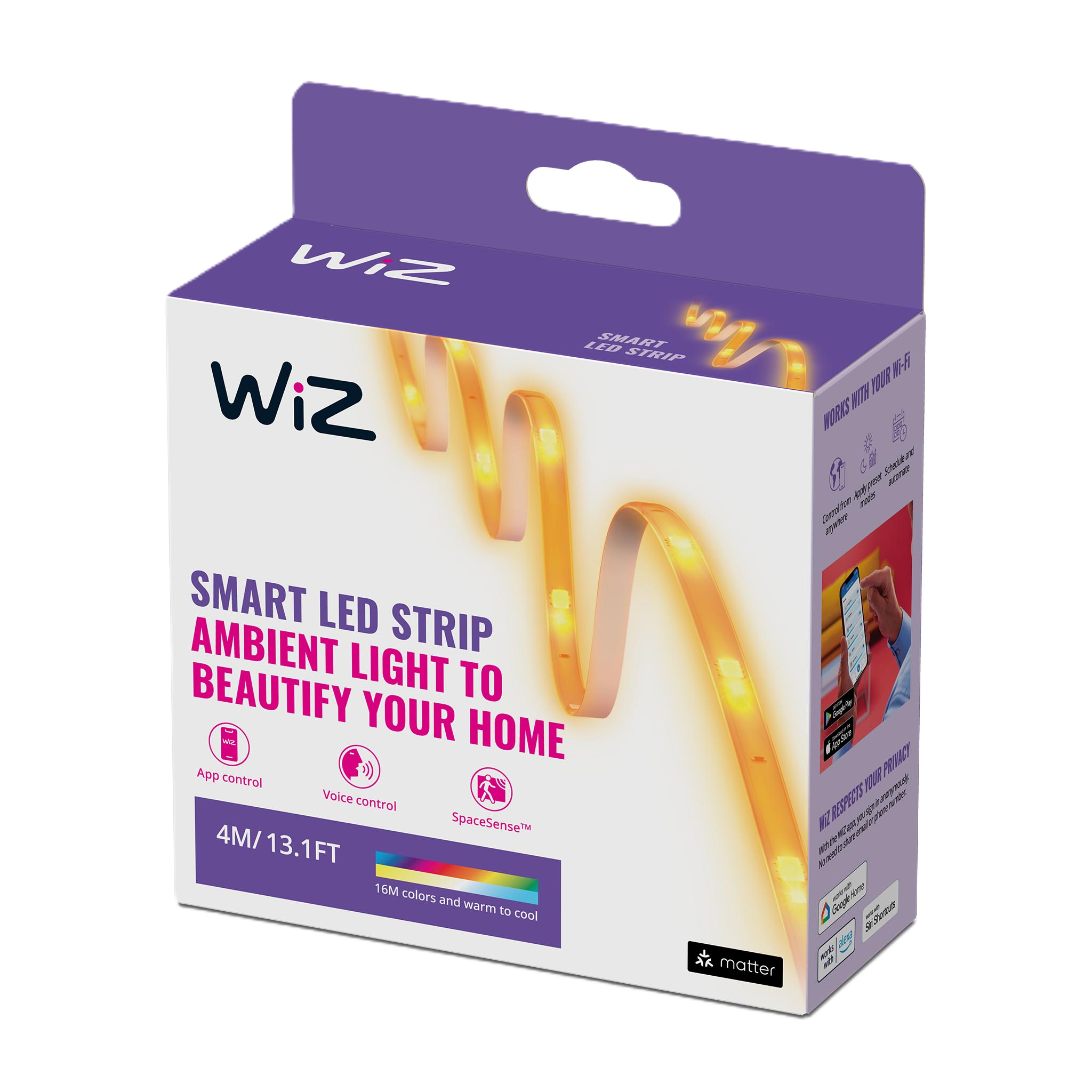 Flexible Long-Run WiZ 4m Smart 12W RGB and Tunable White LED Tape Light Strip with Adhesive Backing