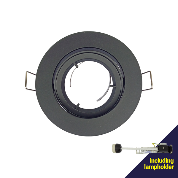 Recessed matte black tiltable downlight fixture with an 82mm cut-out for directional interior ceiling lighting.