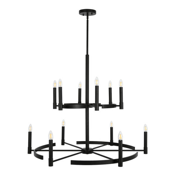 Blake grand 12-light matte black tiered chandelier with candle-style arms in a double-volume foyer.
