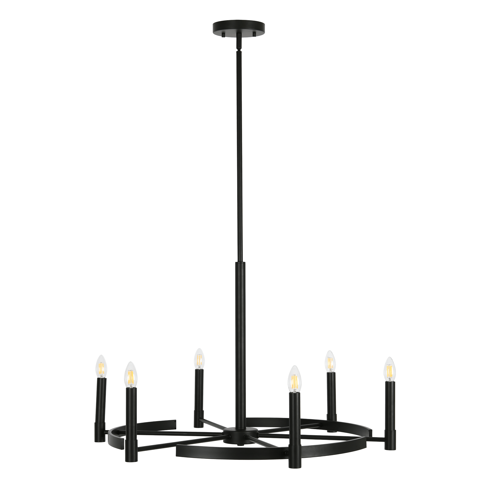 Blake modern 6-light matte black chandelier with candle-style arms hanging in a contemporary living room.