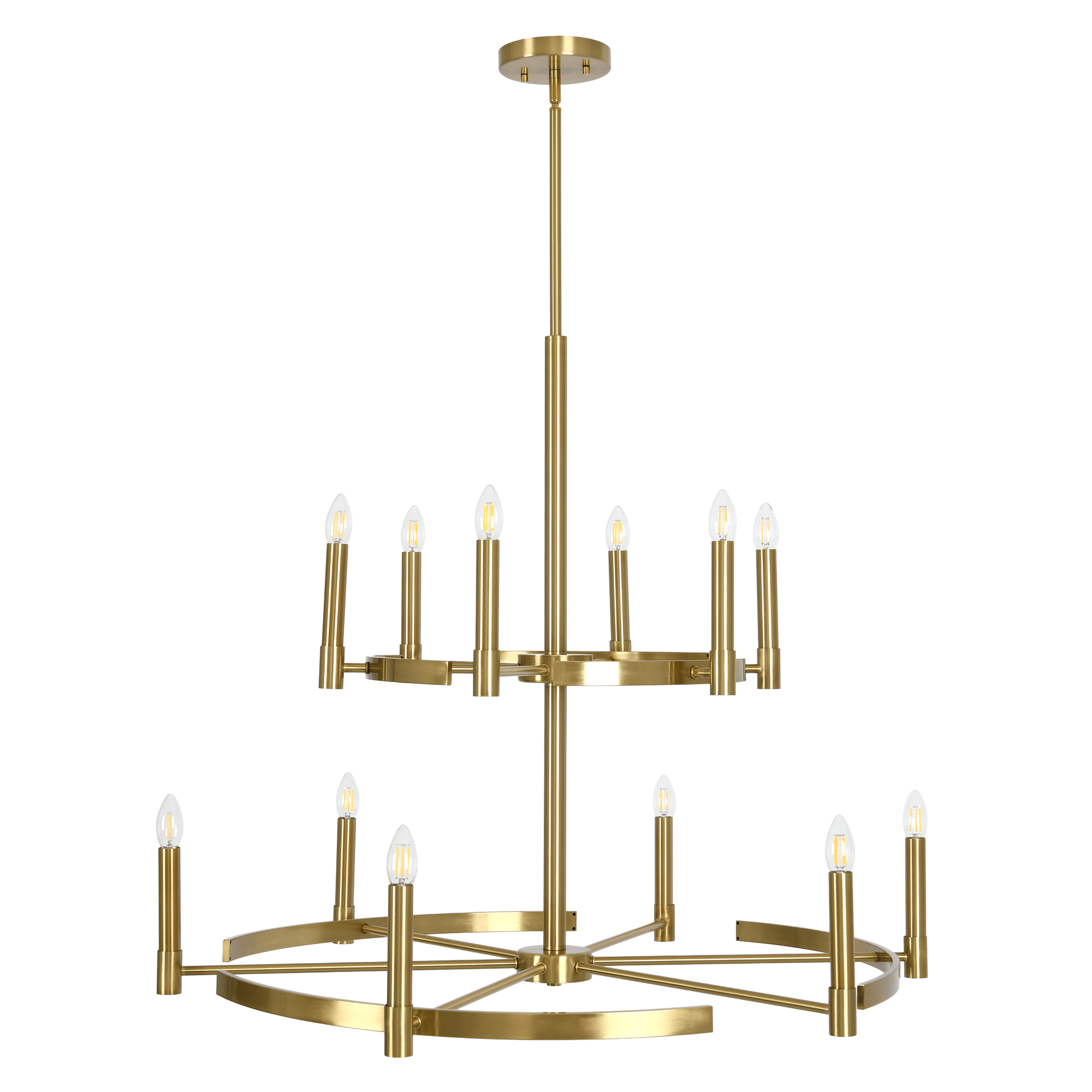 Blake grand 12-light brass gold chandelier with two tiers of candle-style arms in a high-ceiling entryway