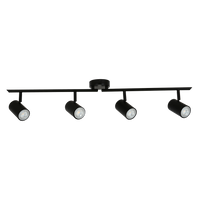 Harper black 4 light adjustable spotlight bar with four pivotable GU10 heads on a long metal rail.