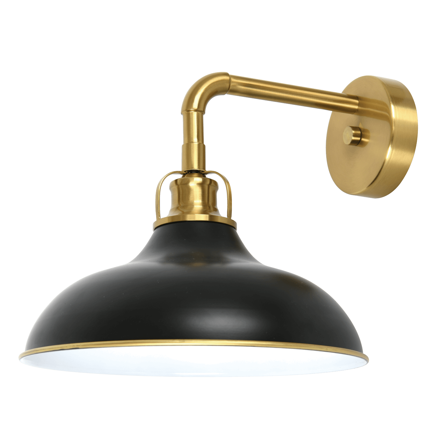 Wall-mounted lamp with black shade and gold arm