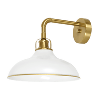 Kingston modern wall-mounted light with glossy white metal shade and brass gold curved arm.