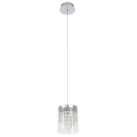 Pearl modern chrome LED pendant light with crystal and clear glass globe diffuser.