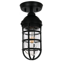 Route sand black cylindrical outdoor ceiling light with clear glass panels and an E27 bulb base.