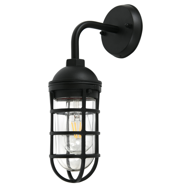 Route vertical sand black outdoor wall lantern with clear glass shade and an E27 bulb base.