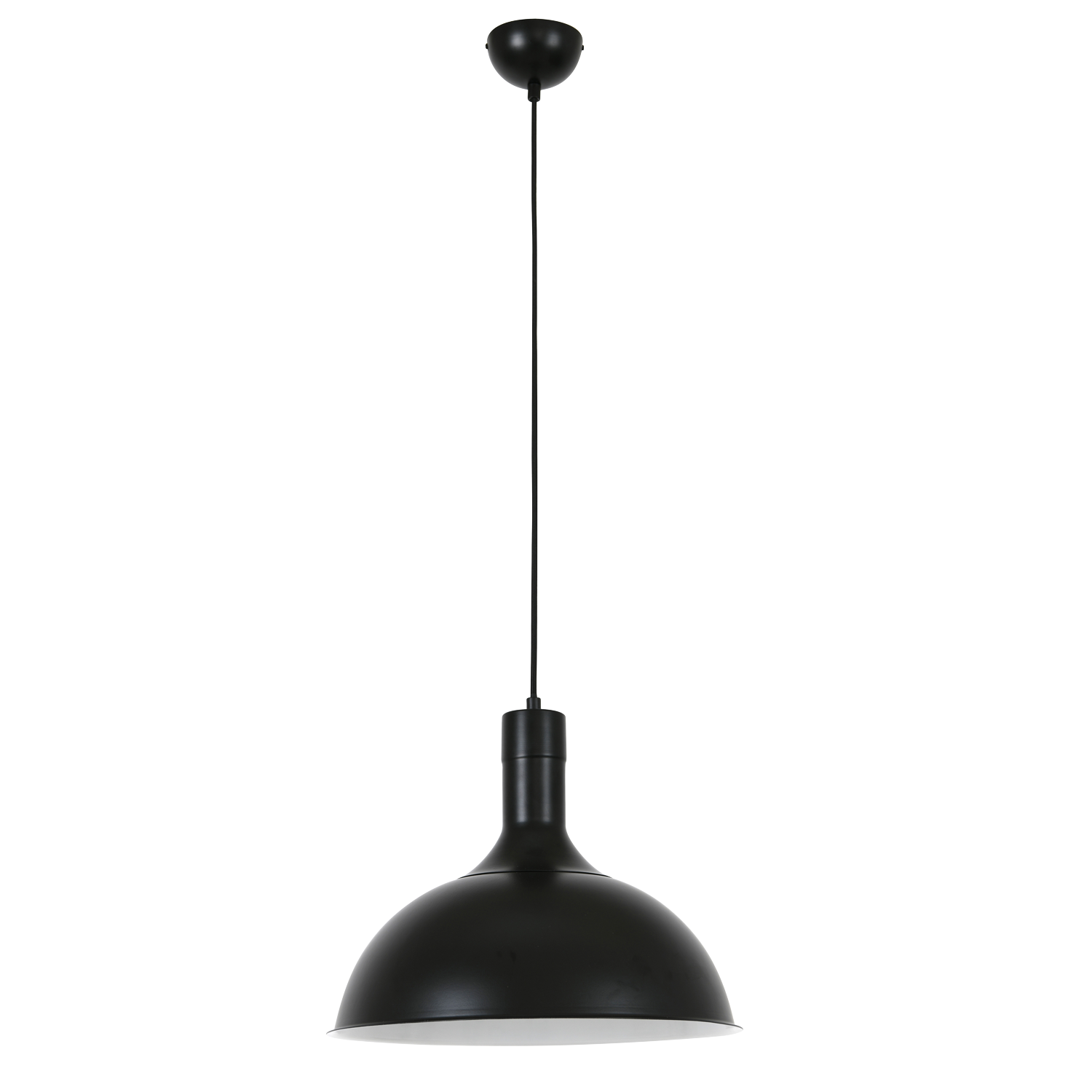 Sandor matte black metal pendant light with adjustable suspension and white interior shade.